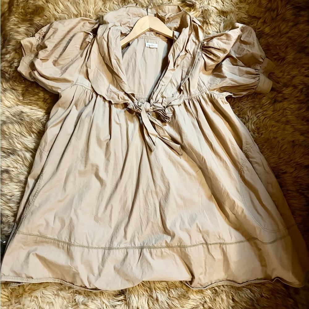Anthropologie Beige Puff-Sleeve Mini Dress